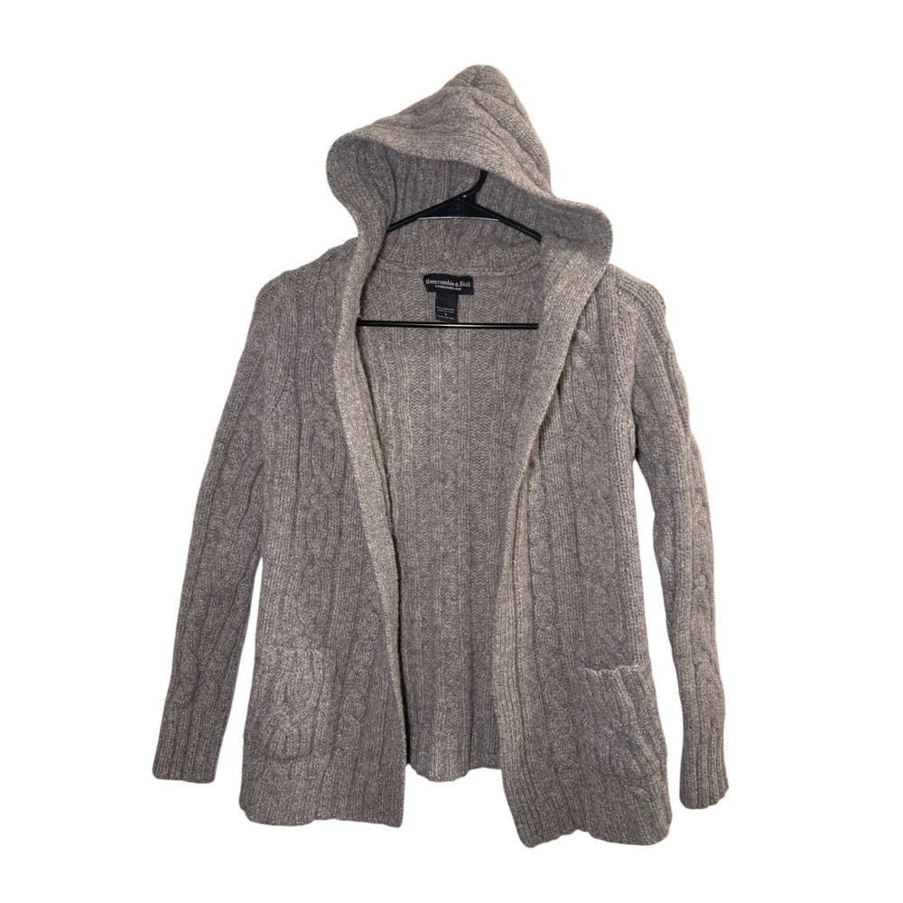 VTG Y2K Abercrombie & Fitch Grey 100% Lambswool Knit Hooded Cardigan W Small